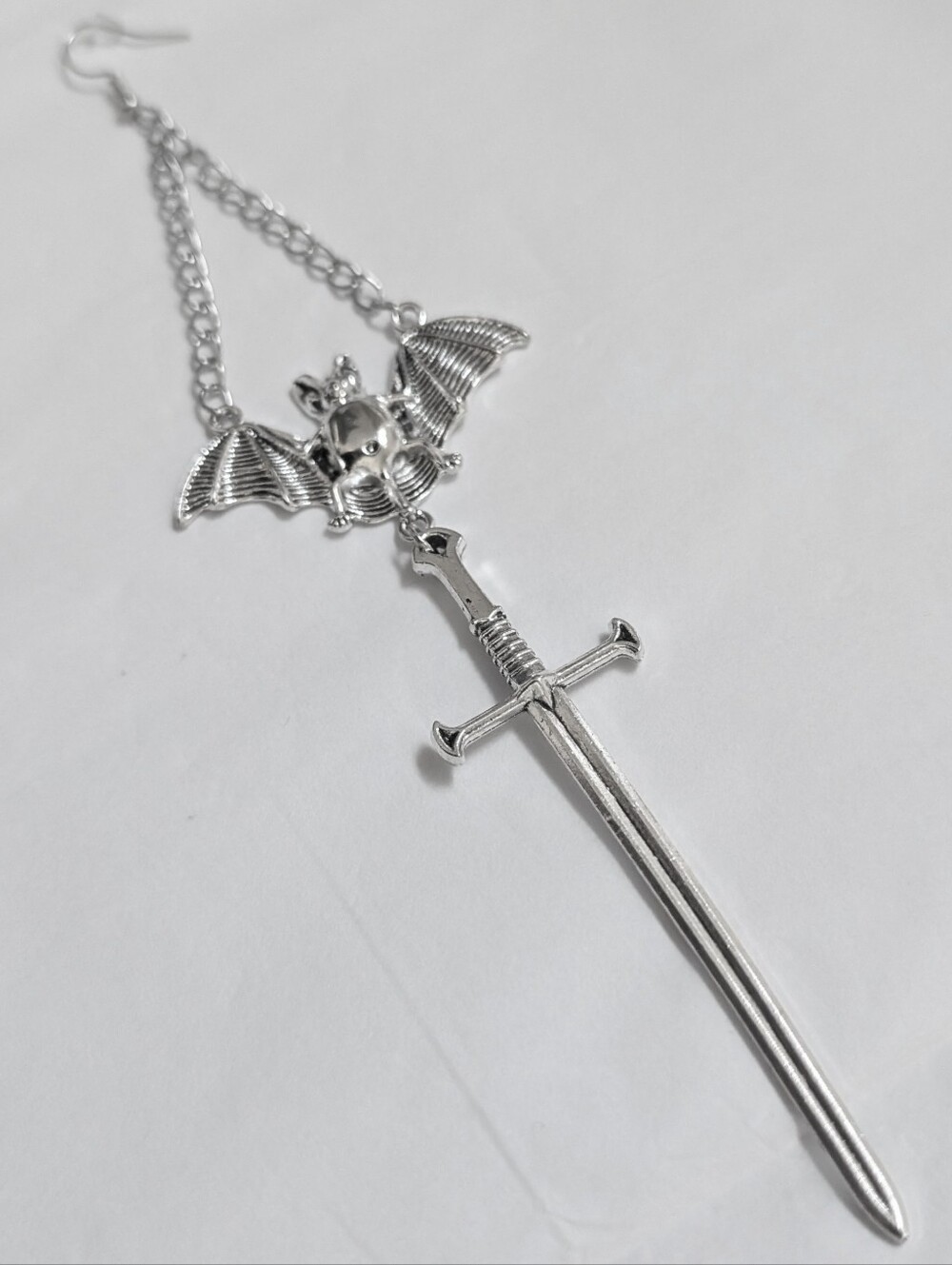 NWT Extra Long Handmade Silver Bat Chain and Sword Earrings - Picture 7 of 8